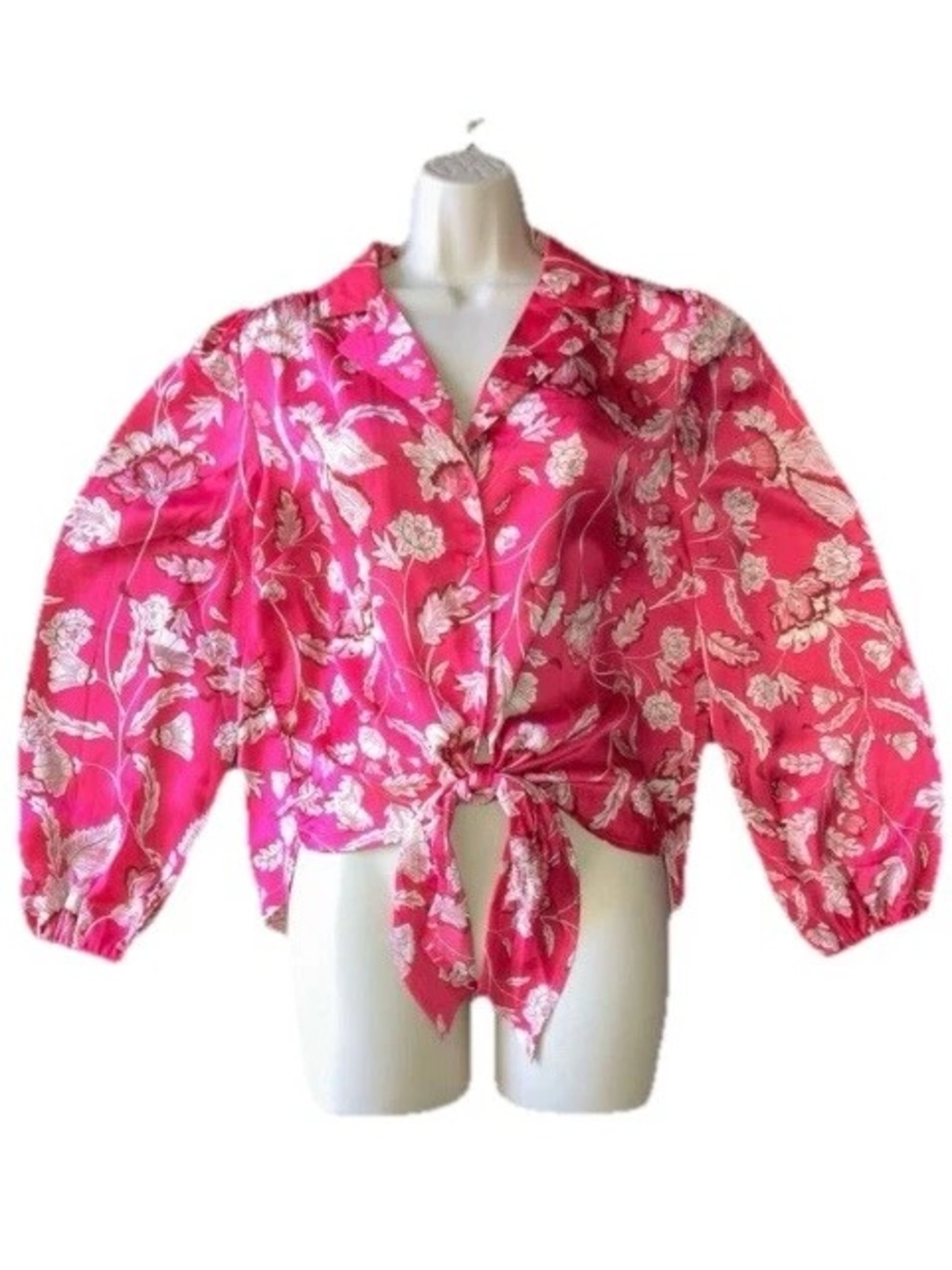Eclair Tie Front Women’s Blouse Long Puff Sleeves Pink Floral Button Up Collar M